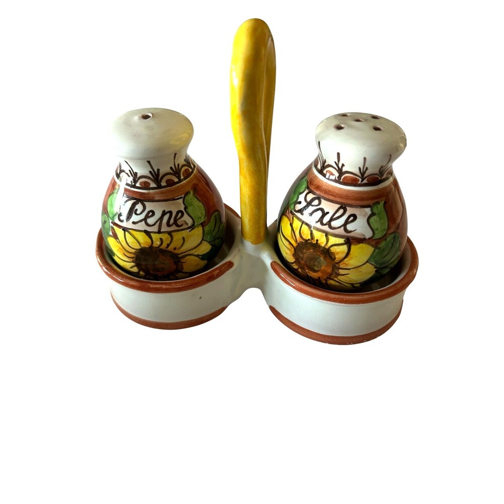 Sunflower Salt and Pepper Shakers with Caddy Signed Italian Pottery Stoppers